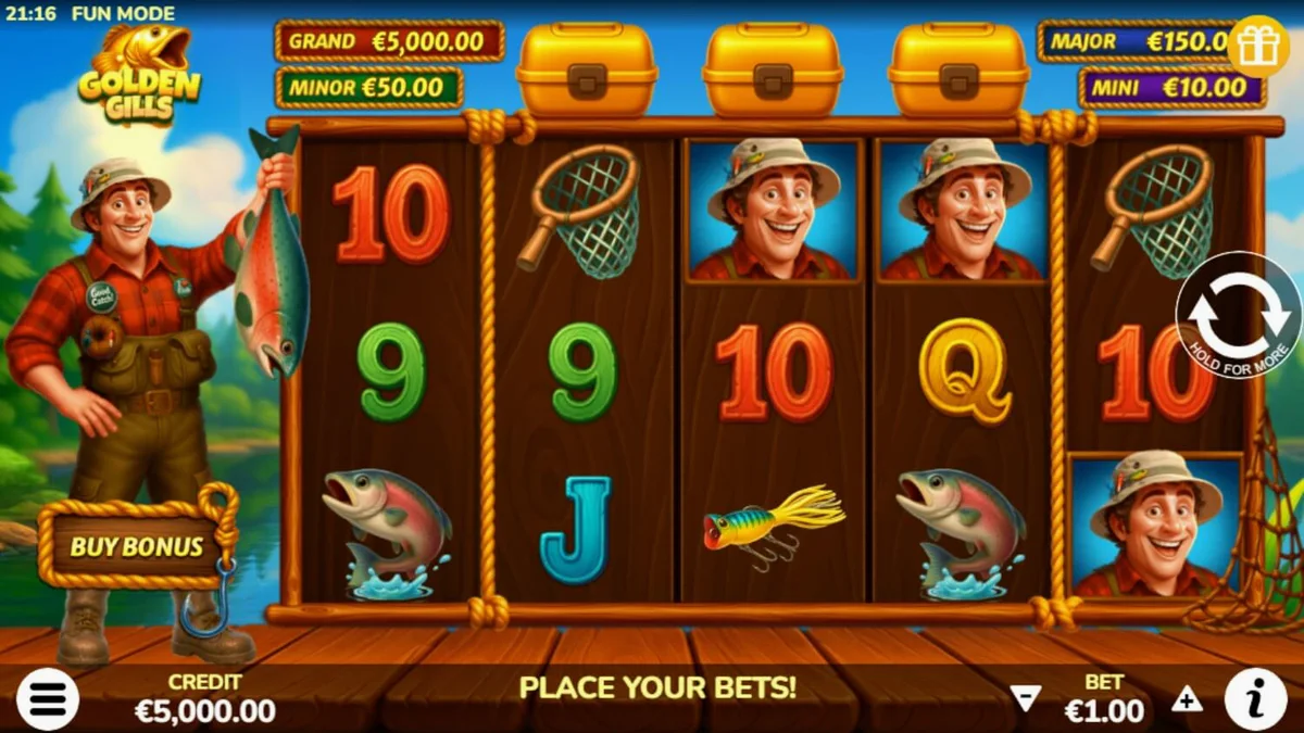 Tampilan visual slot Golden Gills dengan tema memancing dan air yang tenang